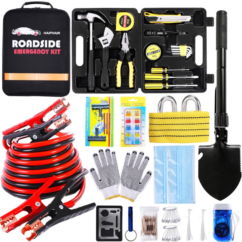HAIPHAIK Car Emergency Kit,Emergency Roadside Kit for Car,Car Accessories for Women or Men,Car Safety Kit with Jumper Cables 11.8 FT,Tow Strap,Folding Survival Shovel,Roadside Emergency Kit - Image 1